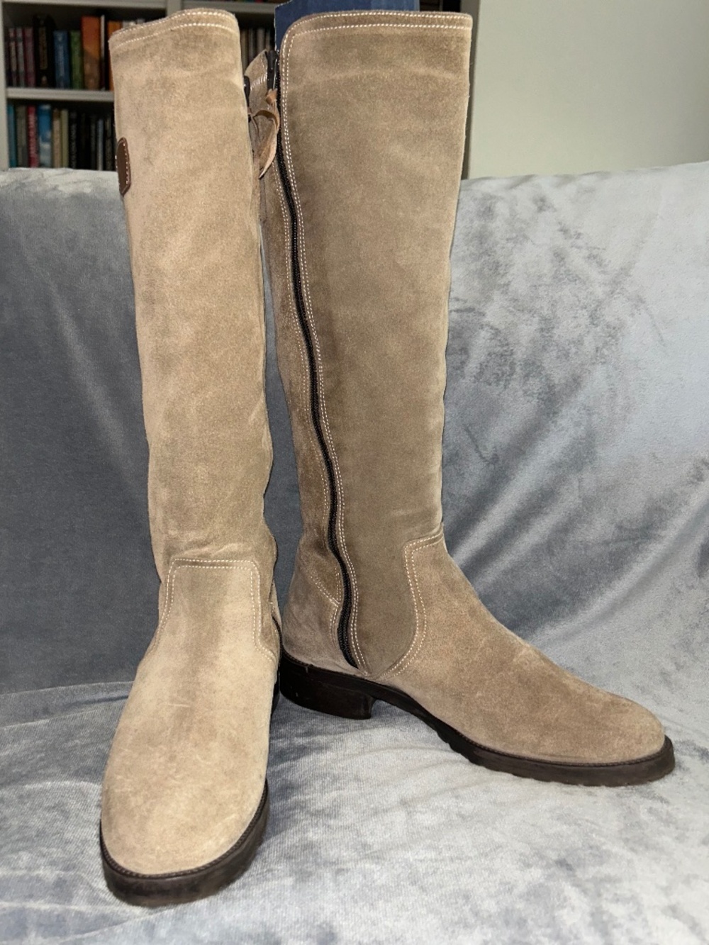 Suede Tall Riding Boots - Beige Neutral Flat Knee-High Boot Zip-Up Size 37/7 Y2K